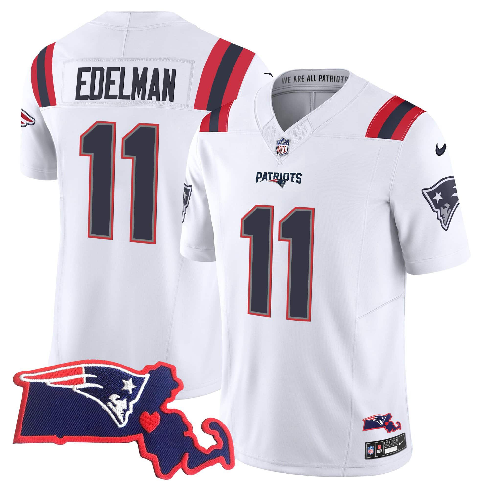 Men New England Patriots 11 Edelman White 2024 Nike Patch Vapor Limited NFL Jersey
